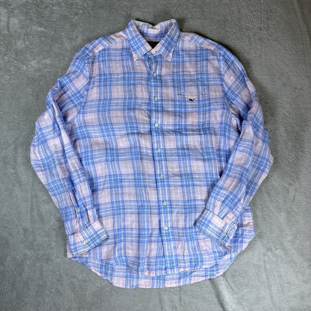 Vineyard Vines Classic Fit Tucker Shirt Mens Large Pink Plaid 100% Linen Button